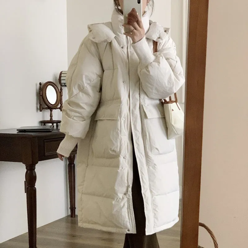 2023 new winter down jacket women's medium and long over-knee loose thick and thin hooded ins jacket