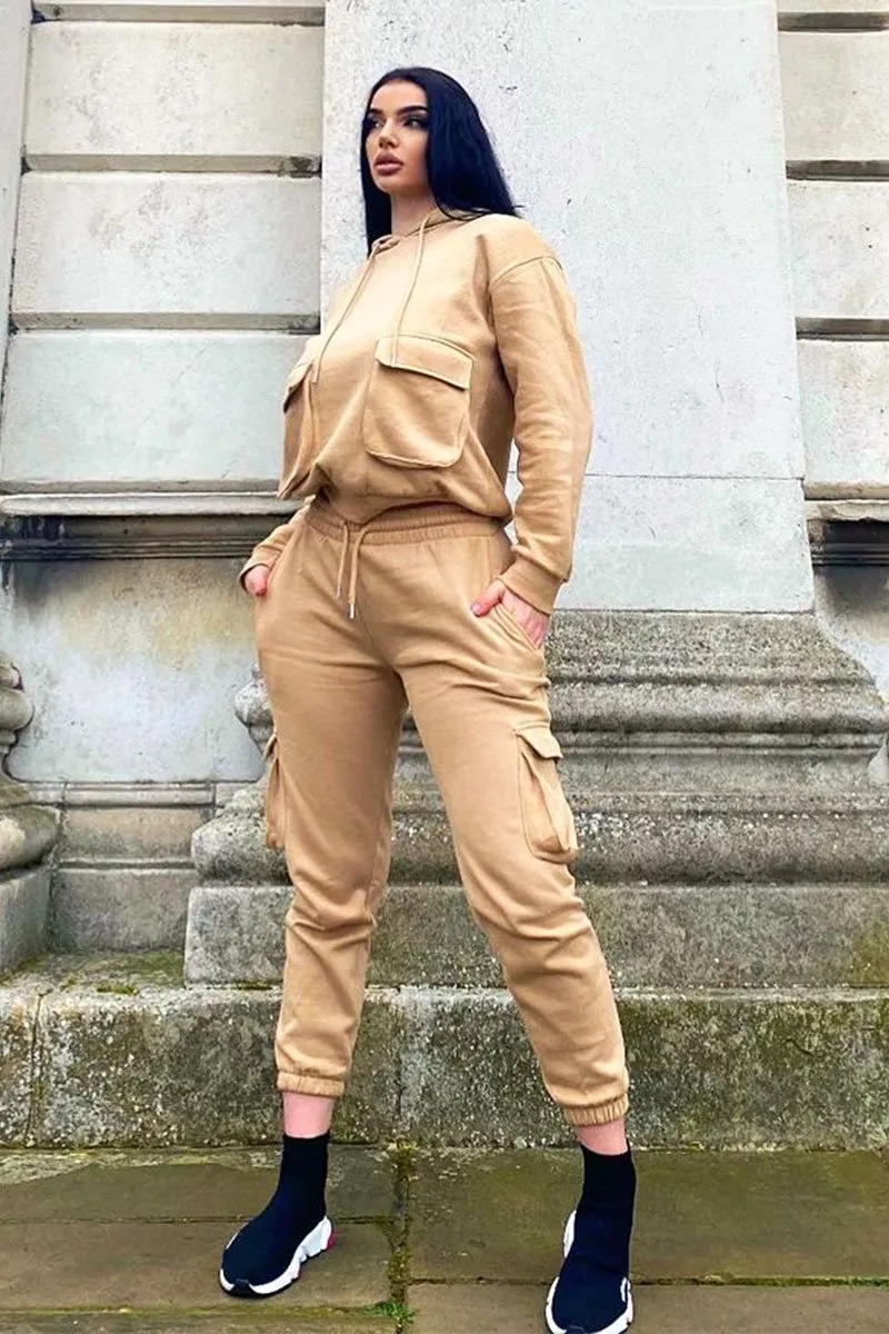 Beige Cargo Pocket Hoodie and Joggers Tracksuit - Aafiya