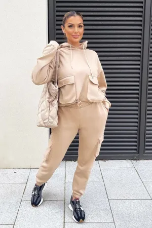 Beige Cargo Pocket Hoodie and Joggers Tracksuit - Aafiya