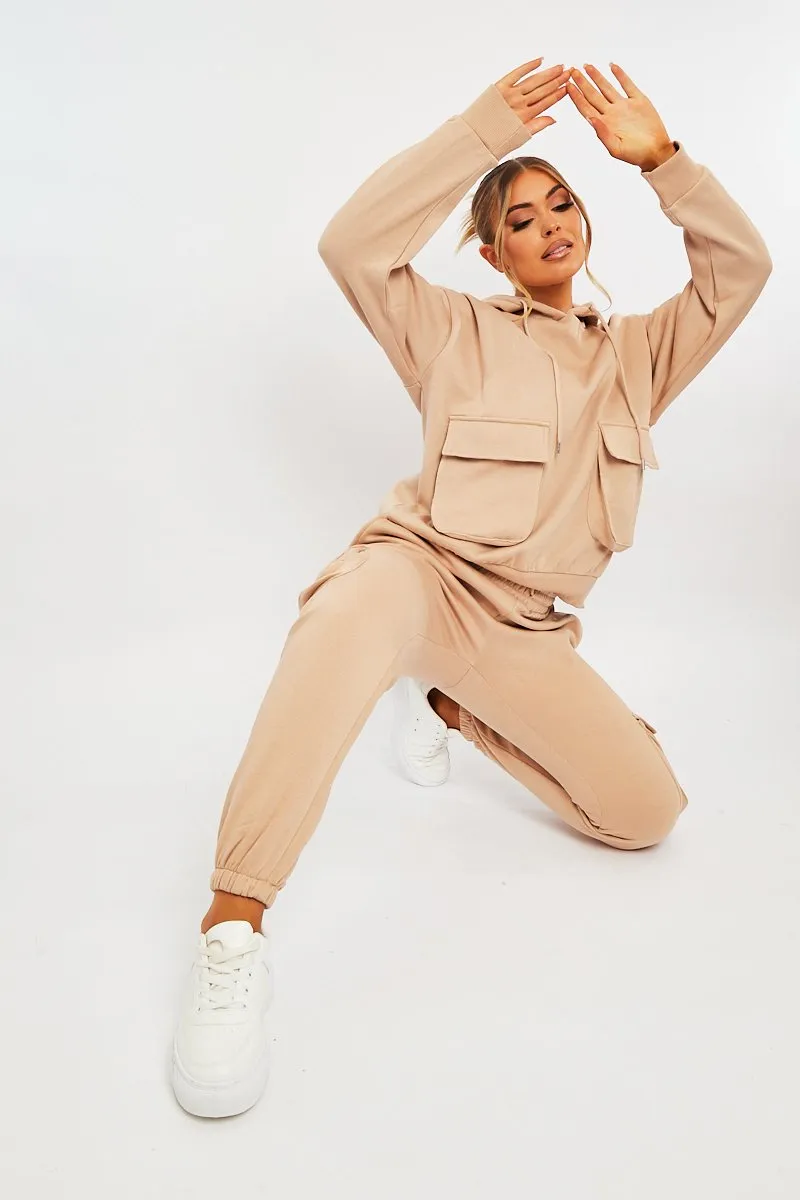 Beige Cargo Pocket Hoodie and Joggers Tracksuit - Aafiya