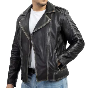 Biker Style Genuine Leather Jacket Men - Vintage Look Asymmetric Zip-Up Hand Waxed Leather Lapel Style Motorcycle Jacket-Black