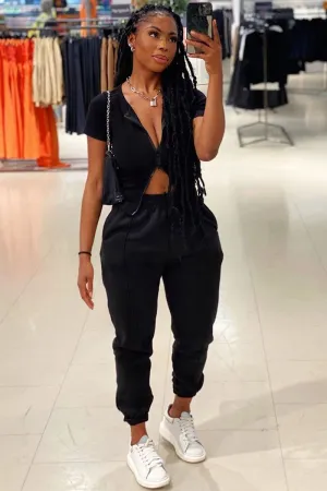 Black Front Piping Joggers - Jordyn