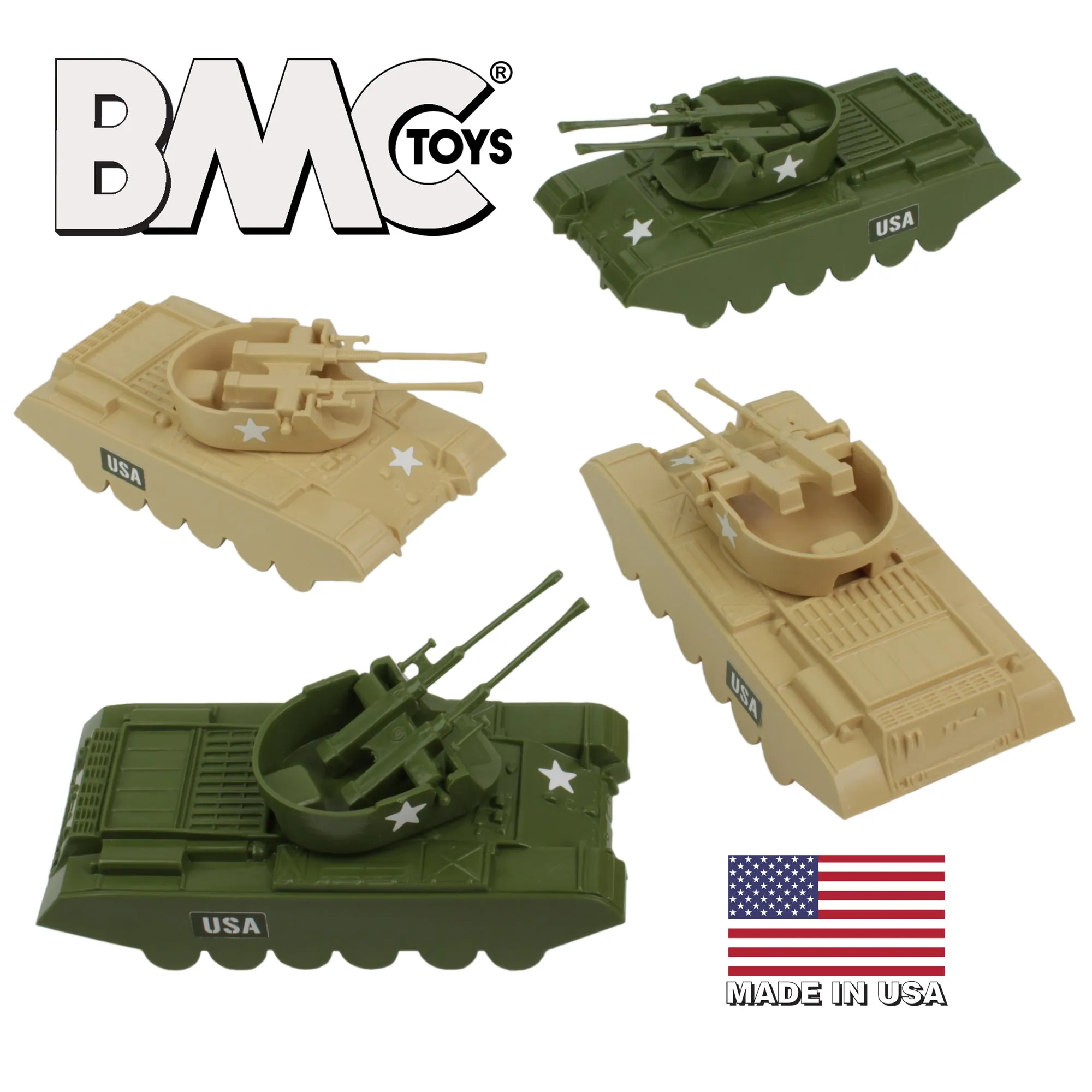 BMC Classic Payton Anti-Aircraft Tanks 4pc Tan & Green Plastic Army Men Vehicles