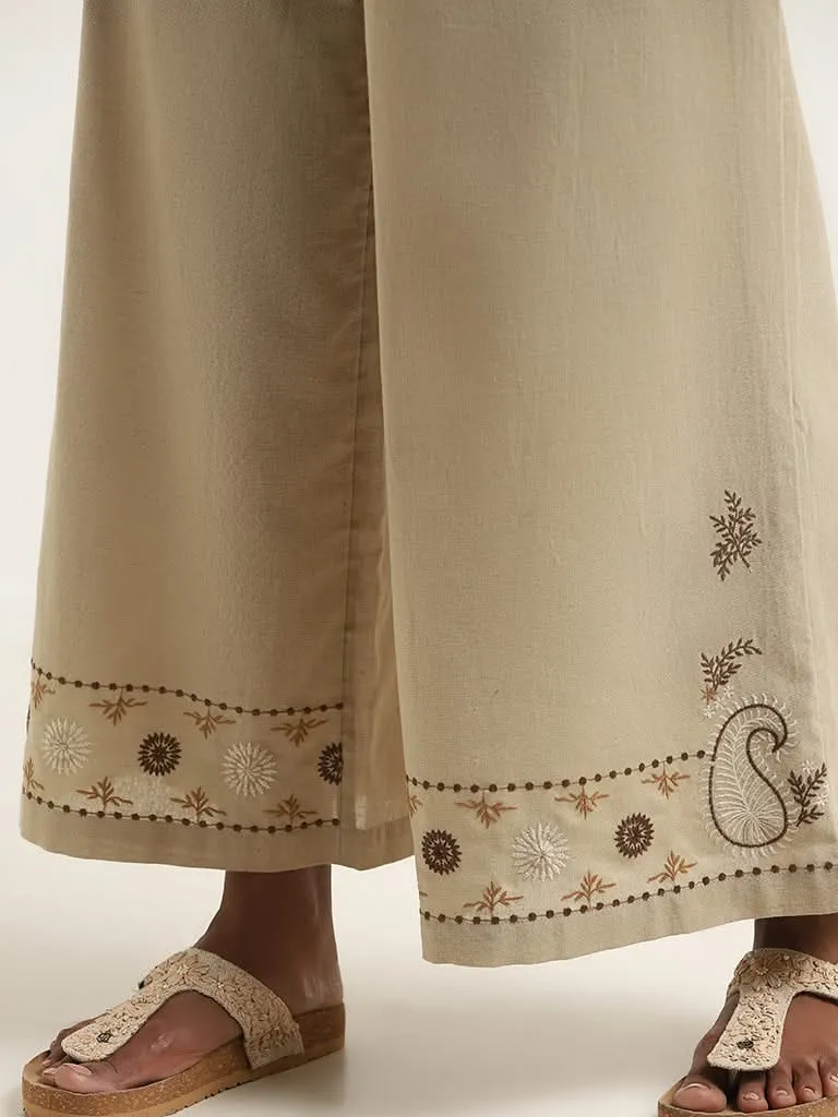 Bombay Paisley Beige Paisley Design Mid Rise Cotton Blend Pants