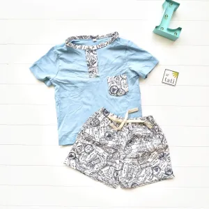 Caper Top & Shorts in Mail Stamps and Light Blue Stretch