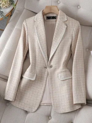 CAROLINE SUITS Women's Elegant Stylish Fashion Office Professional Woven Light Brown Carmel Plaid Blazer Jacket