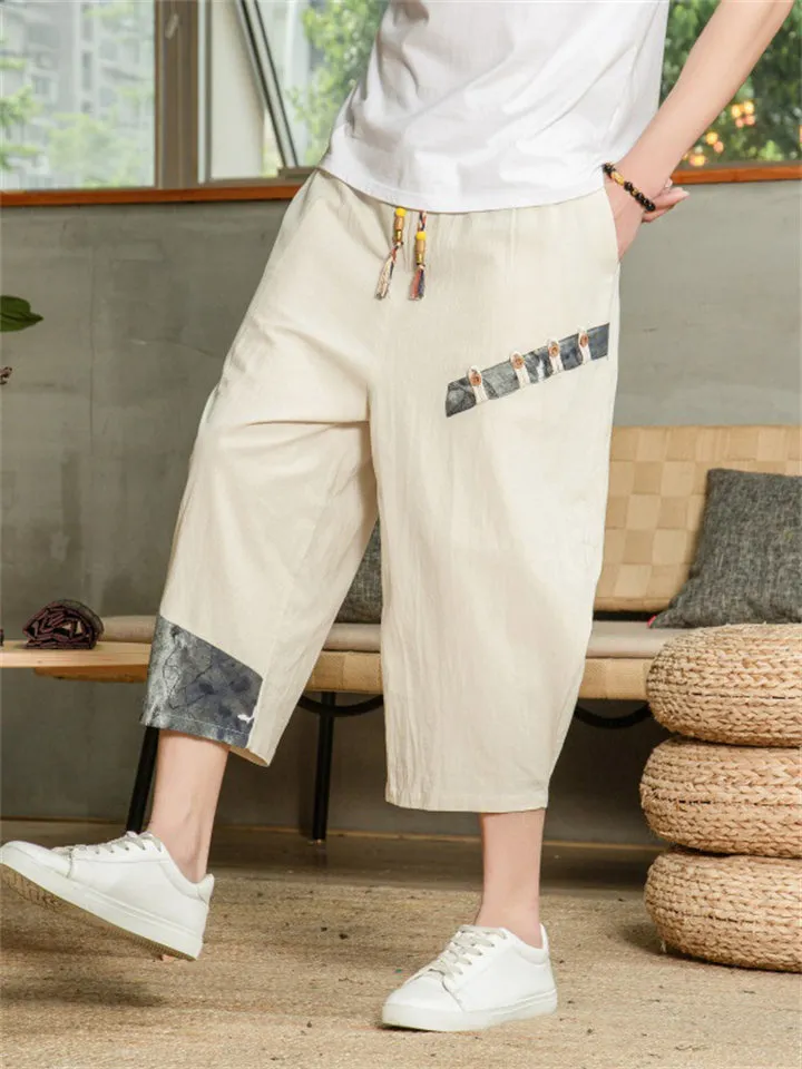 Cotton Linen Breathable Loose Men's Cropped Pants