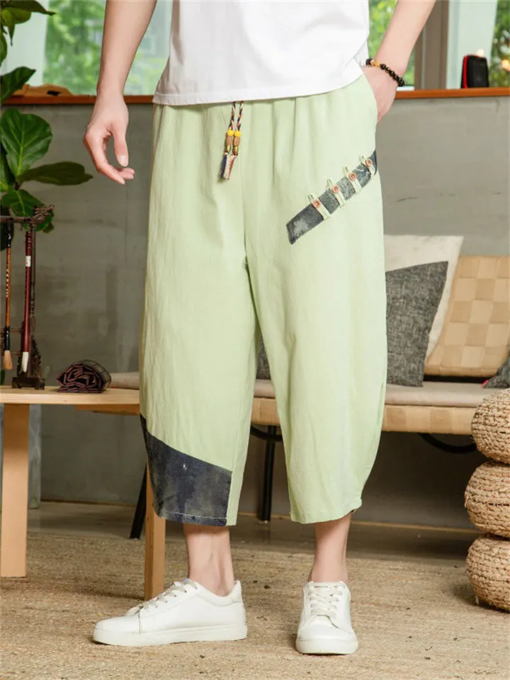 Cotton Linen Breathable Loose Men's Cropped Pants