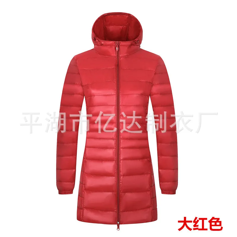 Cross-border  2023 new light and thin down jacket women's medium and long women's hooded plus size women's jacket winter