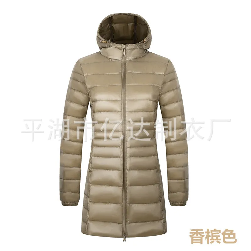 Cross-border  2023 new light and thin down jacket women's medium and long women's hooded plus size women's jacket winter