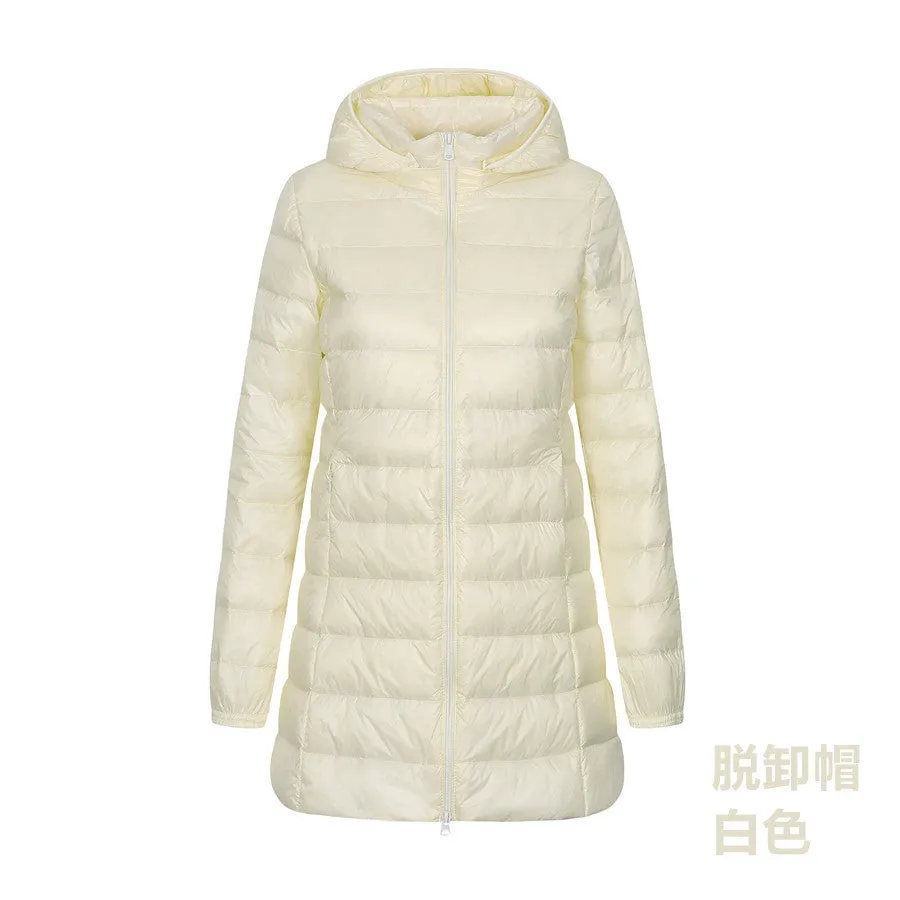 Cross-border  2023 new light and thin down jacket women's medium and long women's hooded plus size women's jacket winter