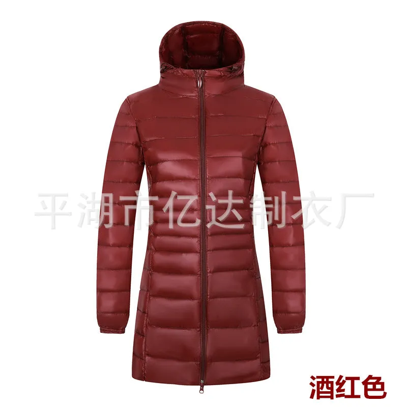 Cross-border  2023 new light and thin down jacket women's medium and long women's hooded plus size women's jacket winter