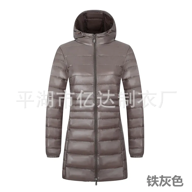 Cross-border  2023 new light and thin down jacket women's medium and long women's hooded plus size women's jacket winter