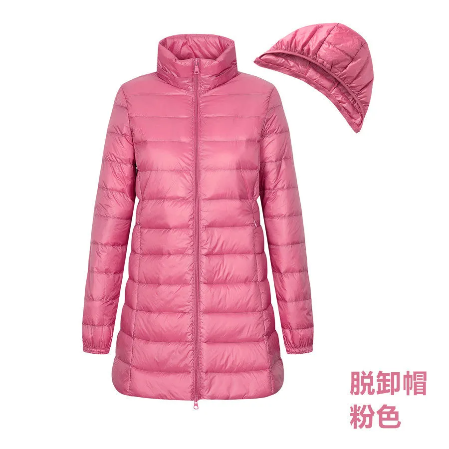 Cross-border  2023 new light and thin down jacket women's medium and long women's hooded plus size women's jacket winter