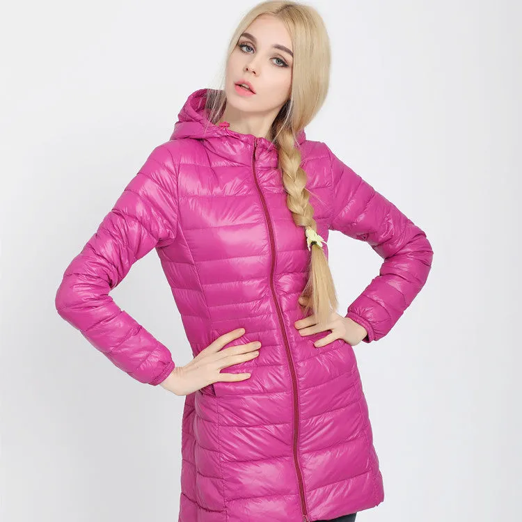 Cross-border  2023 new light and thin down jacket women's medium and long women's hooded plus size women's jacket winter