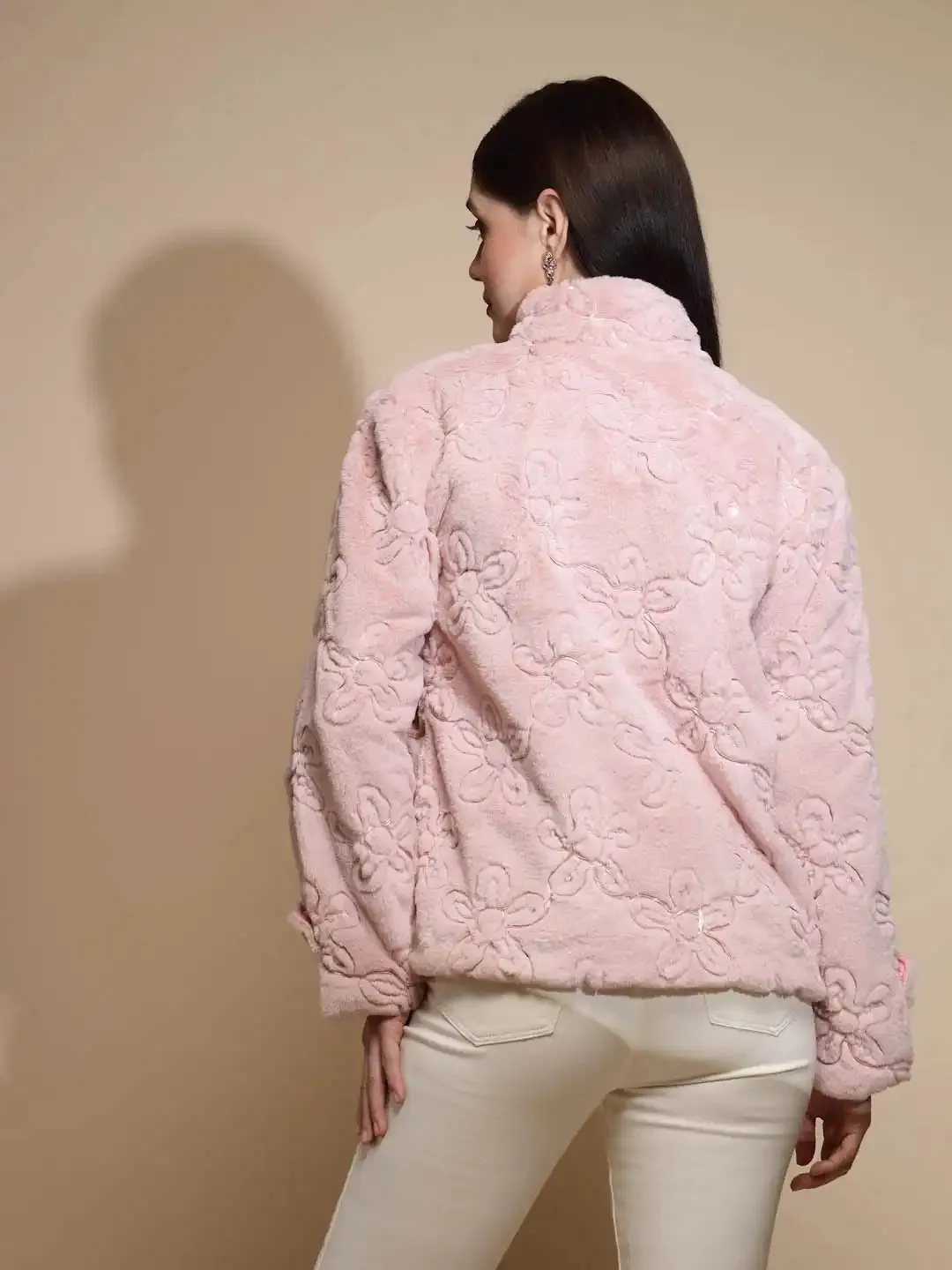 Dusty Pink Embroidered Full Sleeve Turtle Neck Woolen Jacket