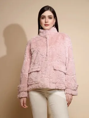 Dusty Pink Embroidered Full Sleeve Turtle Neck Woolen Jacket