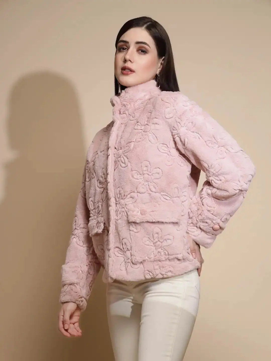 Dusty Pink Embroidered Full Sleeve Turtle Neck Woolen Jacket