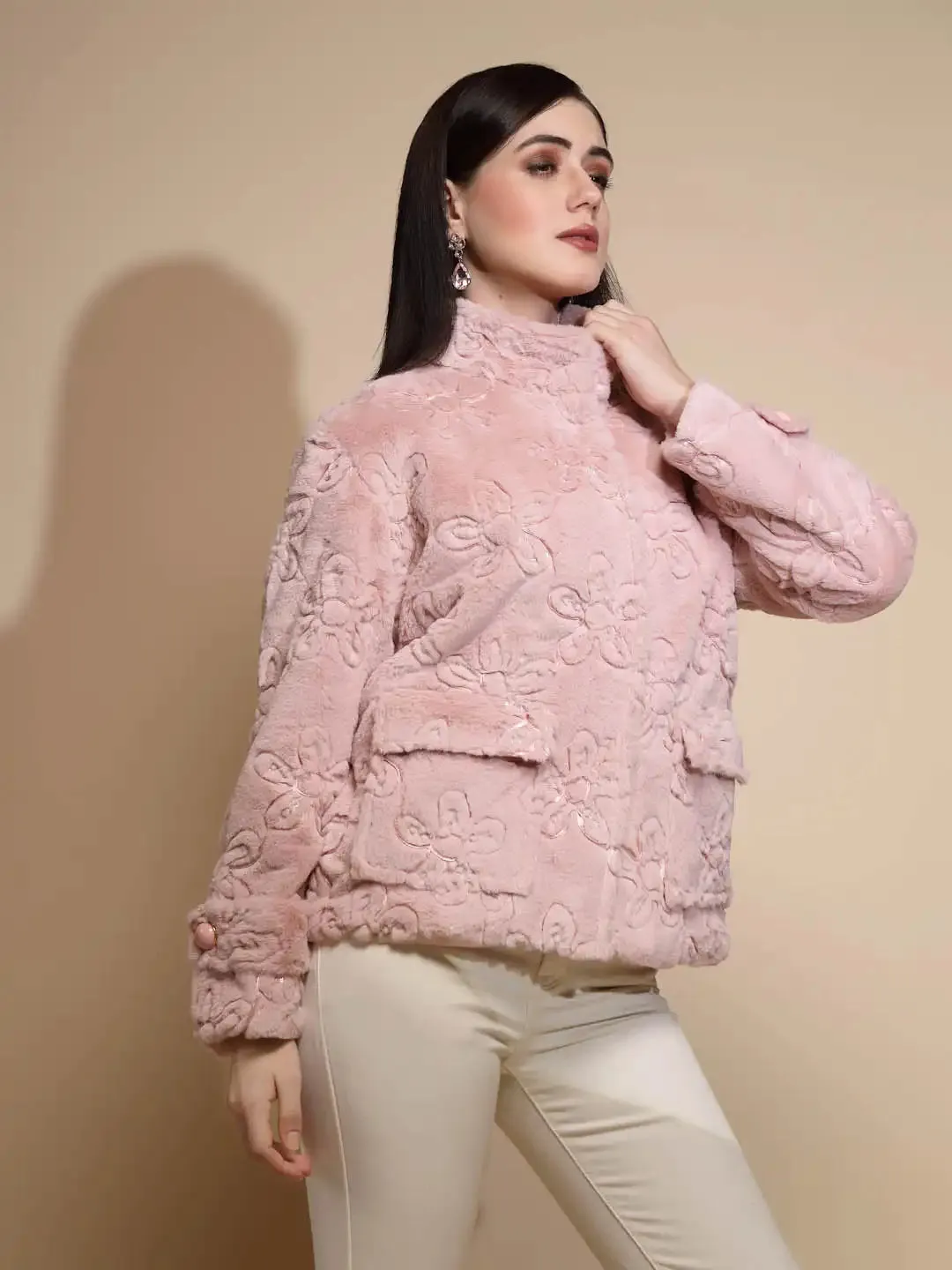 Dusty Pink Embroidered Full Sleeve Turtle Neck Woolen Jacket