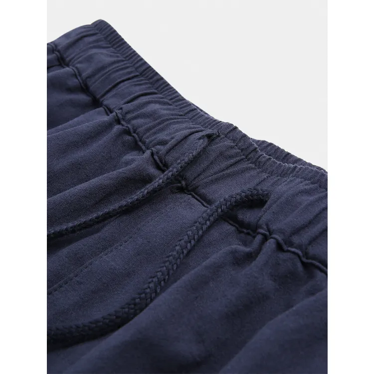 Mens 100% Cotton Drawstring Breathable Zipper Fit Solid Color Leisure Pants