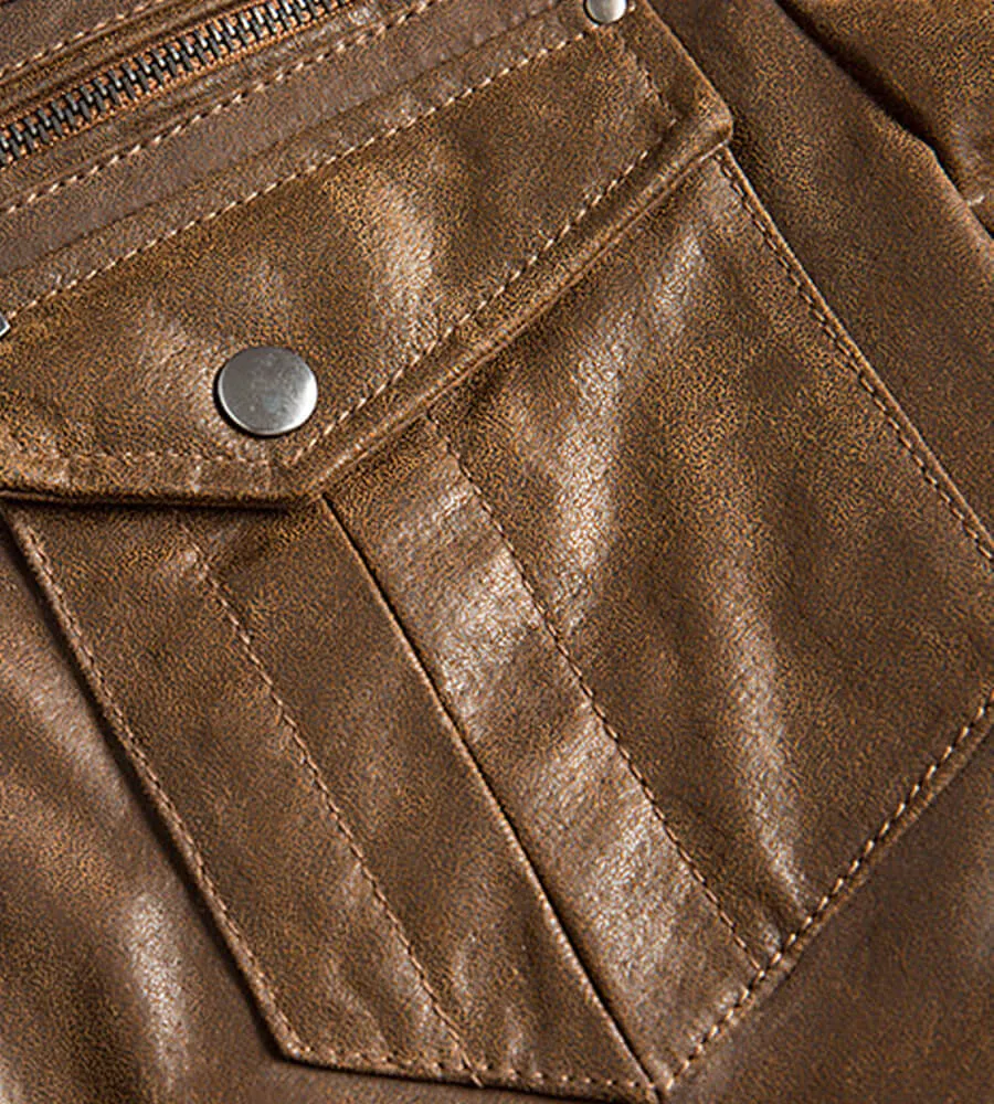 Men’s Brown Bomber Leather Jacket with Rib Collar