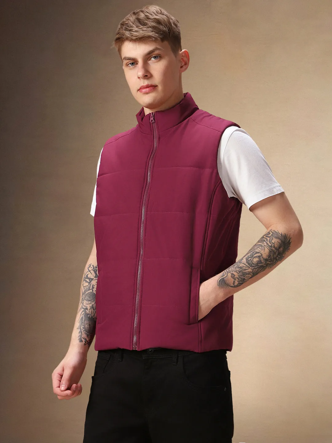 Men's Maroon Solid Stand Collar Sleeveless Gilet Jacket