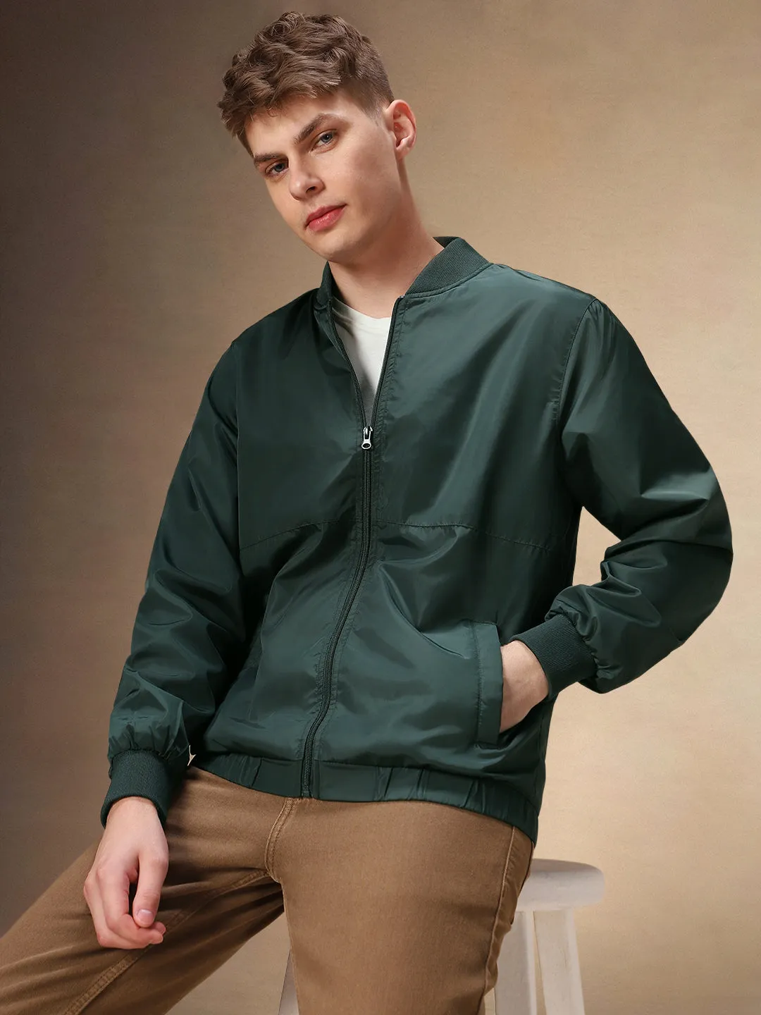 Men's Rib Collar Full Sleeves Bomber Jacket