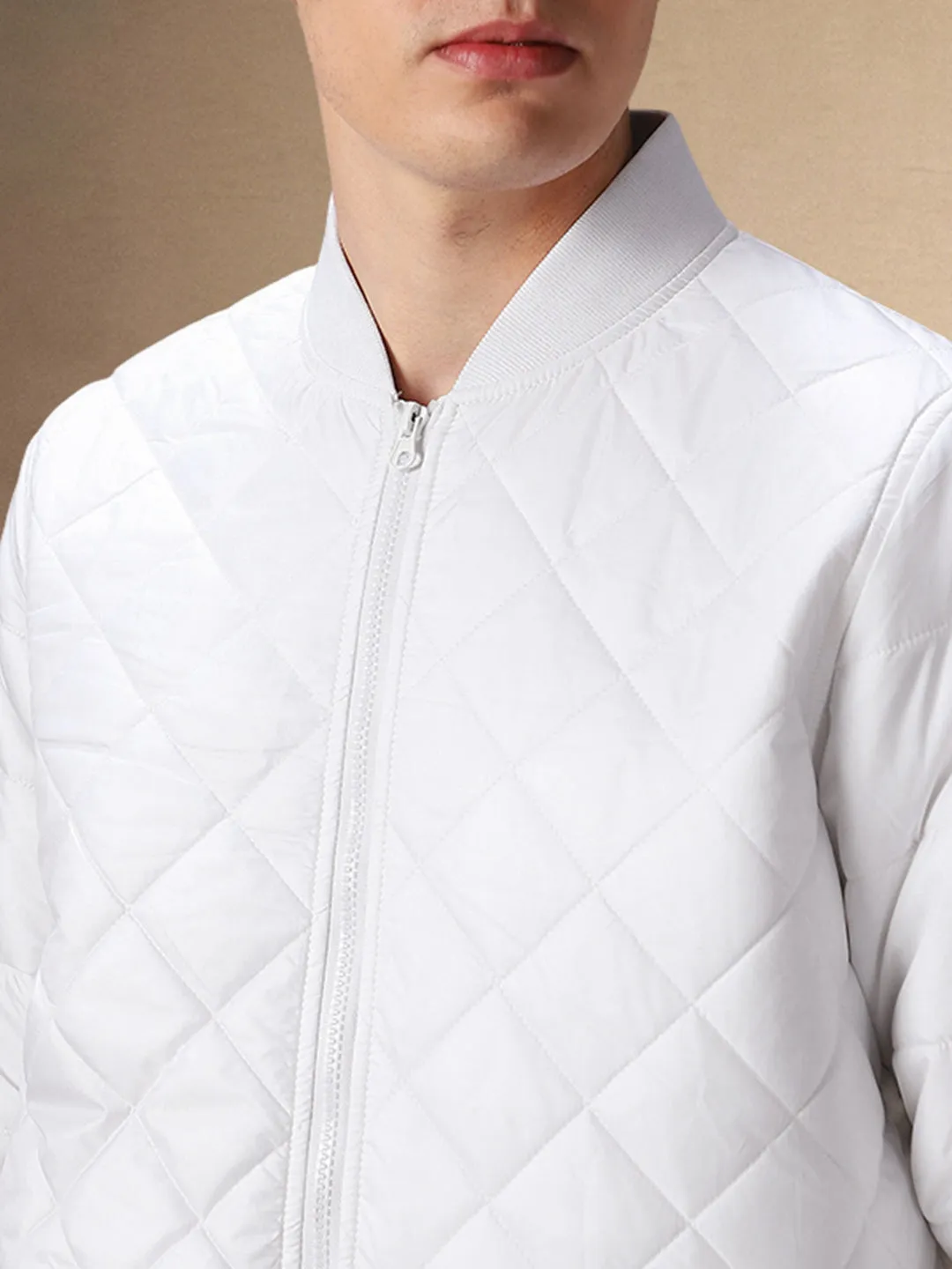 Men's Solid White Quilted Rib Collar Full Sleeves Bomber Jacket