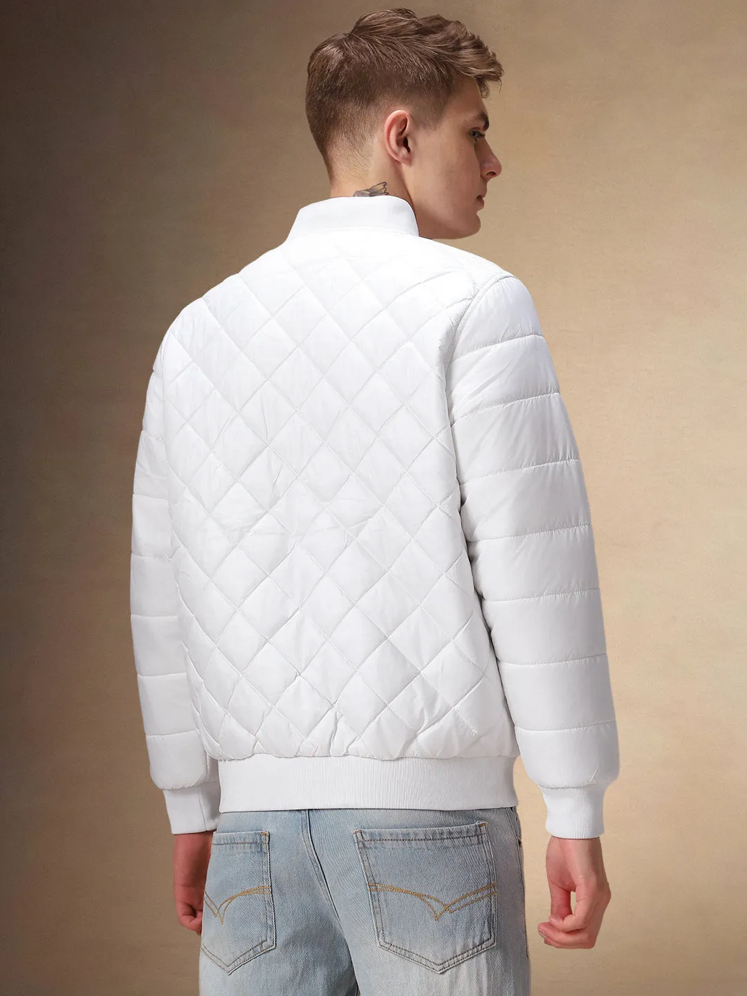 Men's Solid White Quilted Rib Collar Full Sleeves Bomber Jacket