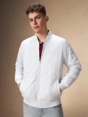 Men's Solid White Quilted Rib Collar Full Sleeves Bomber Jacket