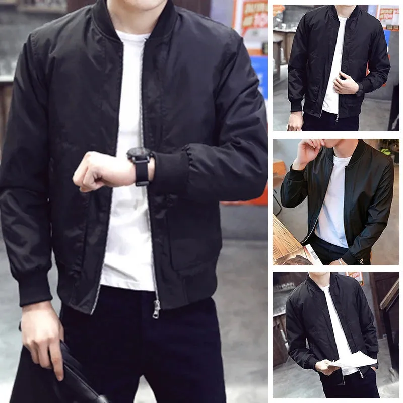 New Men's Casual Black Thin Slim Fit Stand Collar Long Sleeved O-neck Zip Up Jacket Coat Top Solid Business Fashion Male Jacket