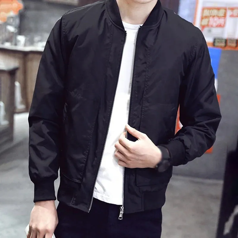 New Men's Casual Black Thin Slim Fit Stand Collar Long Sleeved O-neck Zip Up Jacket Coat Top Solid Business Fashion Male Jacket