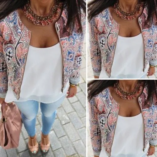 Plus Size - Floral Women Long sleeve Bohemian Zipper Jacket