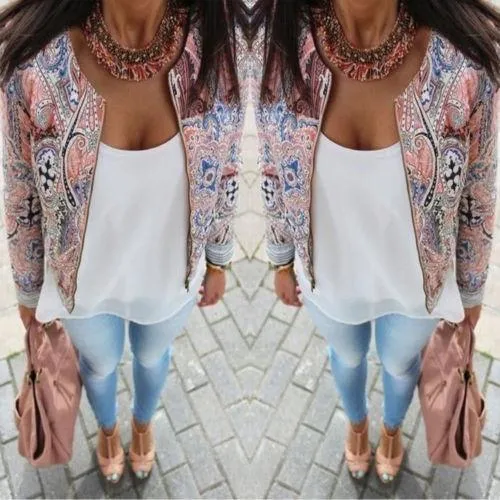 Plus Size - Floral Women Long sleeve Bohemian Zipper Jacket