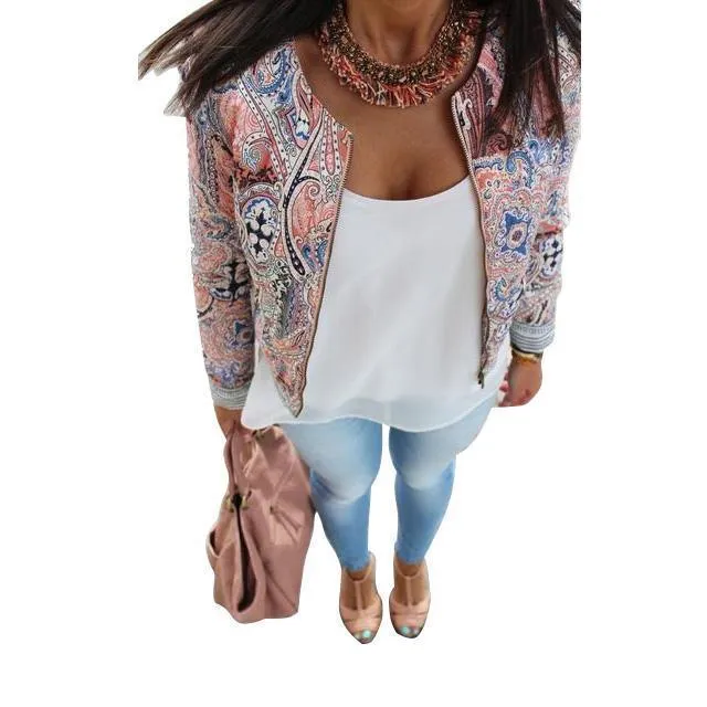 Plus Size - Floral Women Long sleeve Bohemian Zipper Jacket