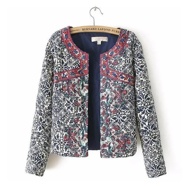 spring autumn Retro Print Blue White Round Neck Full Sleeve Jacket Female Embroidered Coat For Women Embroidery Slim tops (US 4-10)