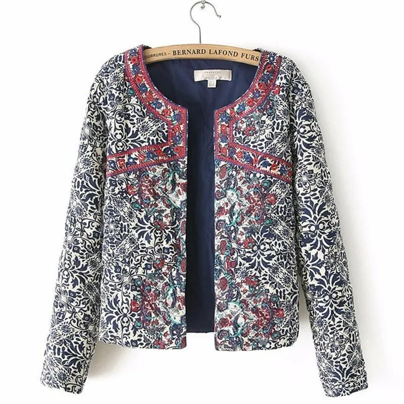 spring autumn Retro Print Blue White Round Neck Full Sleeve Jacket Female Embroidered Coat For Women Embroidery Slim tops (US 4-10)