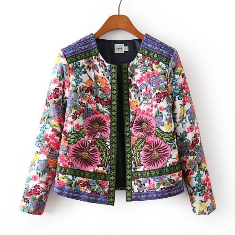 spring autumn Retro Print Blue White Round Neck Full Sleeve Jacket Female Embroidered Coat For Women Embroidery Slim tops (US 4-10)