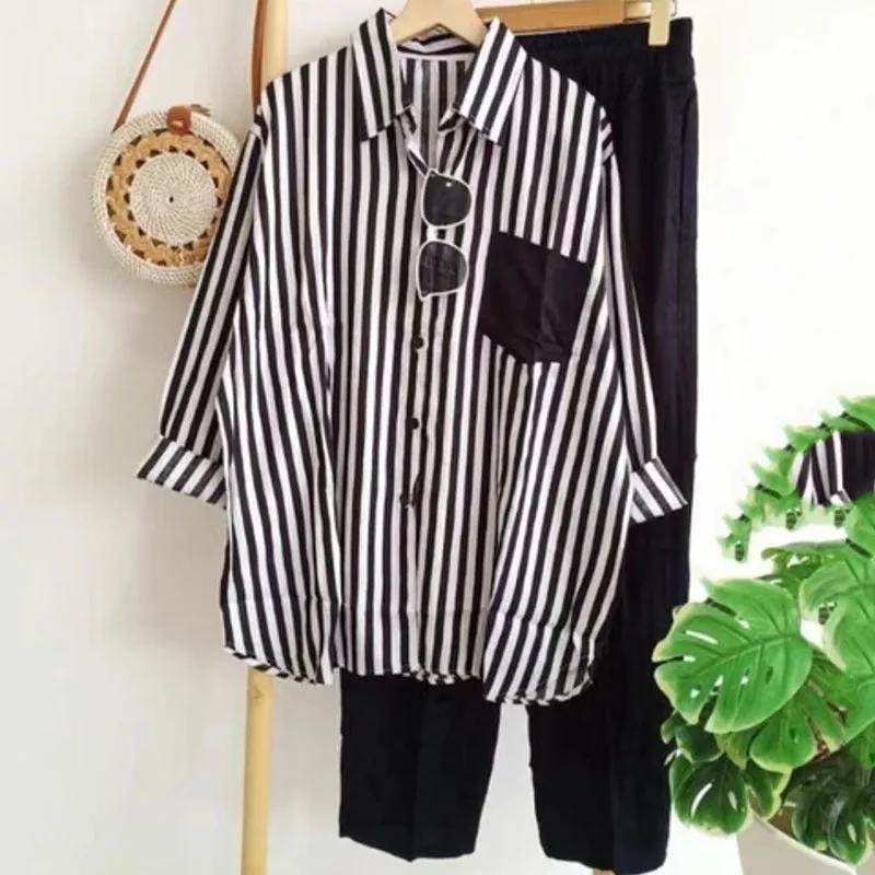 Trendy Women's Long Sleeve Casual Stripes Shirt Pants 2Pcs Set B-18743