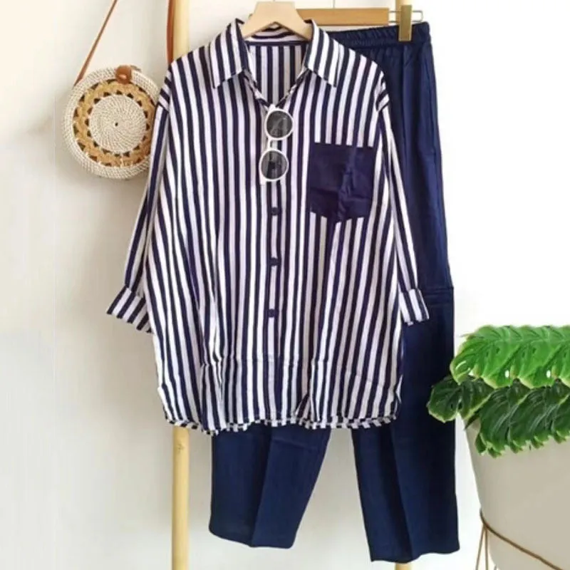 Trendy Women's Long Sleeve Casual Stripes Shirt Pants 2Pcs Set B-18743