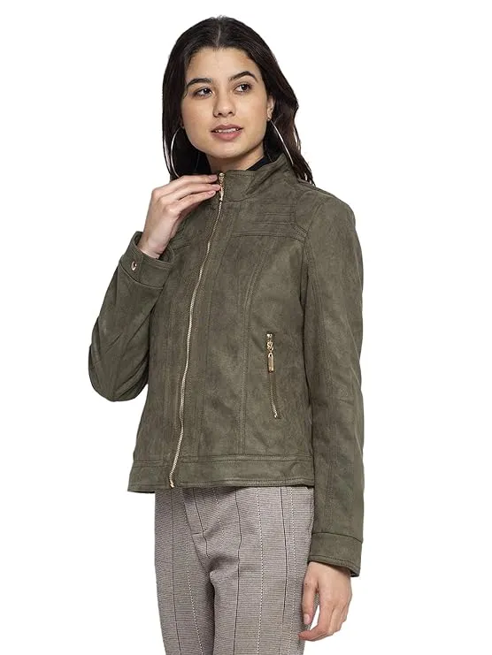 Women Green T- Neck Solid Jacket