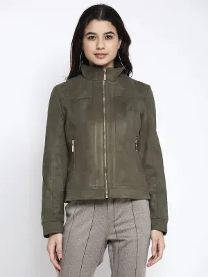 Women Green T- Neck Solid Jacket