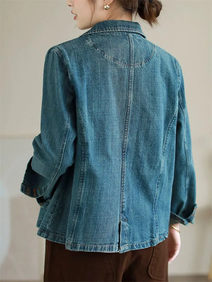 Women's Stylish Notched Lapel One Button Denim Blazer