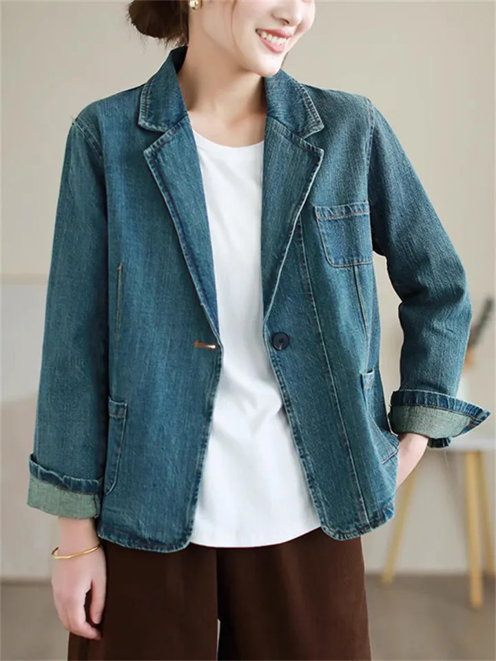 Women's Stylish Notched Lapel One Button Denim Blazer